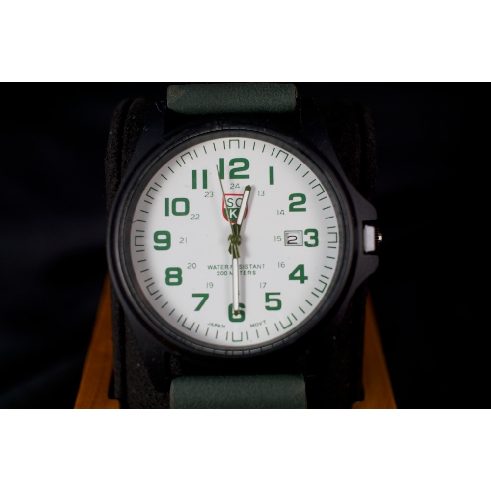 SOKI Mens 39mm Field Watch White Green Military Quartz Date Leather New Battery